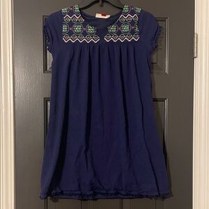 Red Camel Navy Dress with Green Embroidery
